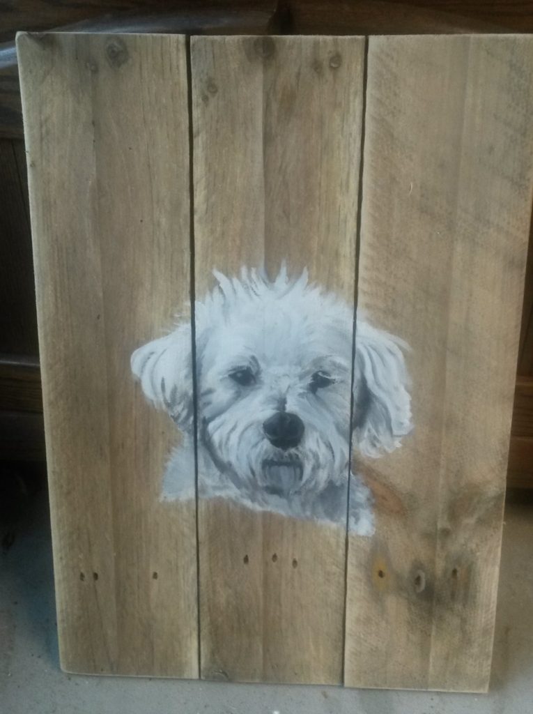 Boomer hond houten schilderij jeroen middelkamp jmillustraties schilderij voor buiten