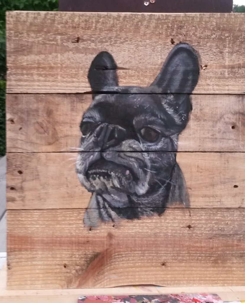 Franse Bulldog jeroen middelkamp jmillustraties houten schilderij voor buiten hond