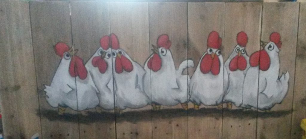 Chickies kippen op hout houten schilderij jeroen middelkamp jmillustraties schilderij voor buiten