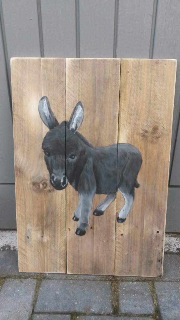 ezel op hout houten schilderij jeroen middelkamp jmillustraties schilderij voor buiten