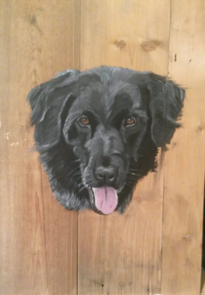 Hond Boris Zwart schilderij op hout jmillustraties jeroen middelkamp acrylverf schilderij voor buiten hout schilderen