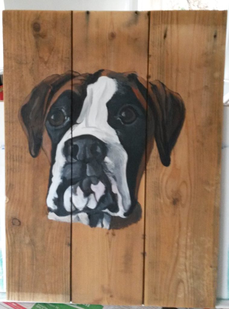 boxer schilderij op hout houten schilderij hond acrylverf jmillustraties jeroen middelkamp