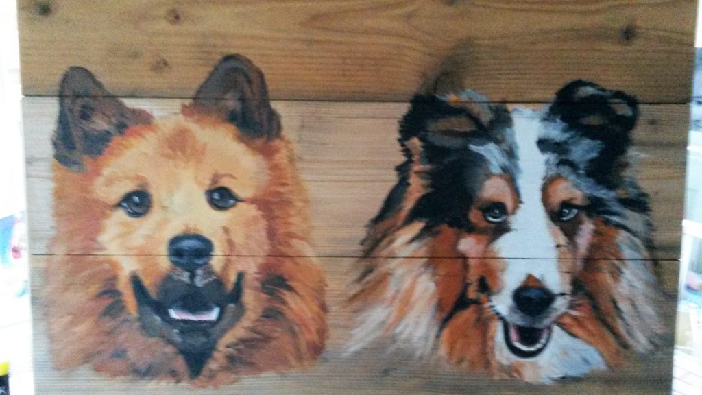 Honden; Jeroen Middelkamp; jmillustraties; houten schilderij; schilderij op hout; geschilderde hond; hond geschilderd; acrylver; uniekf