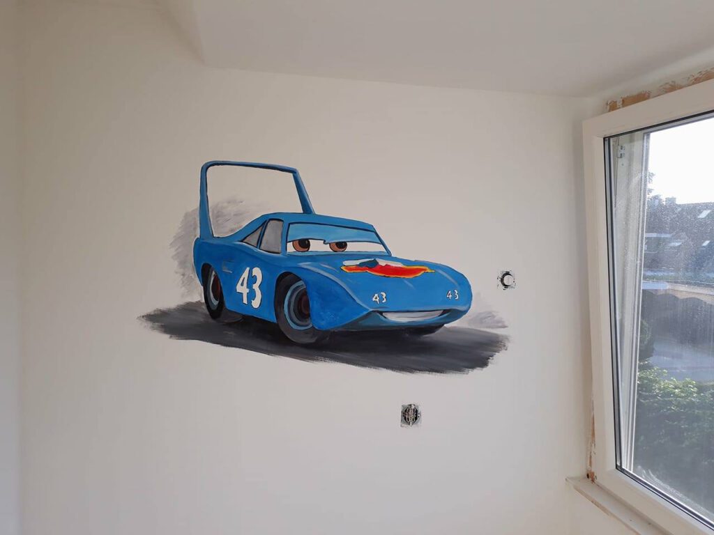 Cars, Pixar, Muurschilderij, Wandtekening, Wandschildering, Jeroen Middelkamp, JMillustraties, raceauto, animatie