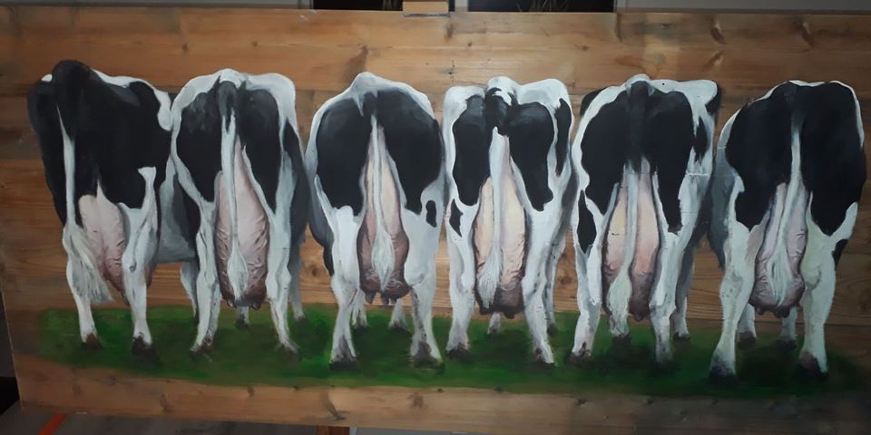 Koeienbillen, koeien, houten schilderij, schilderij, acrylverf, JMillustraties, Jeroen Middelkamp, Billen, 
